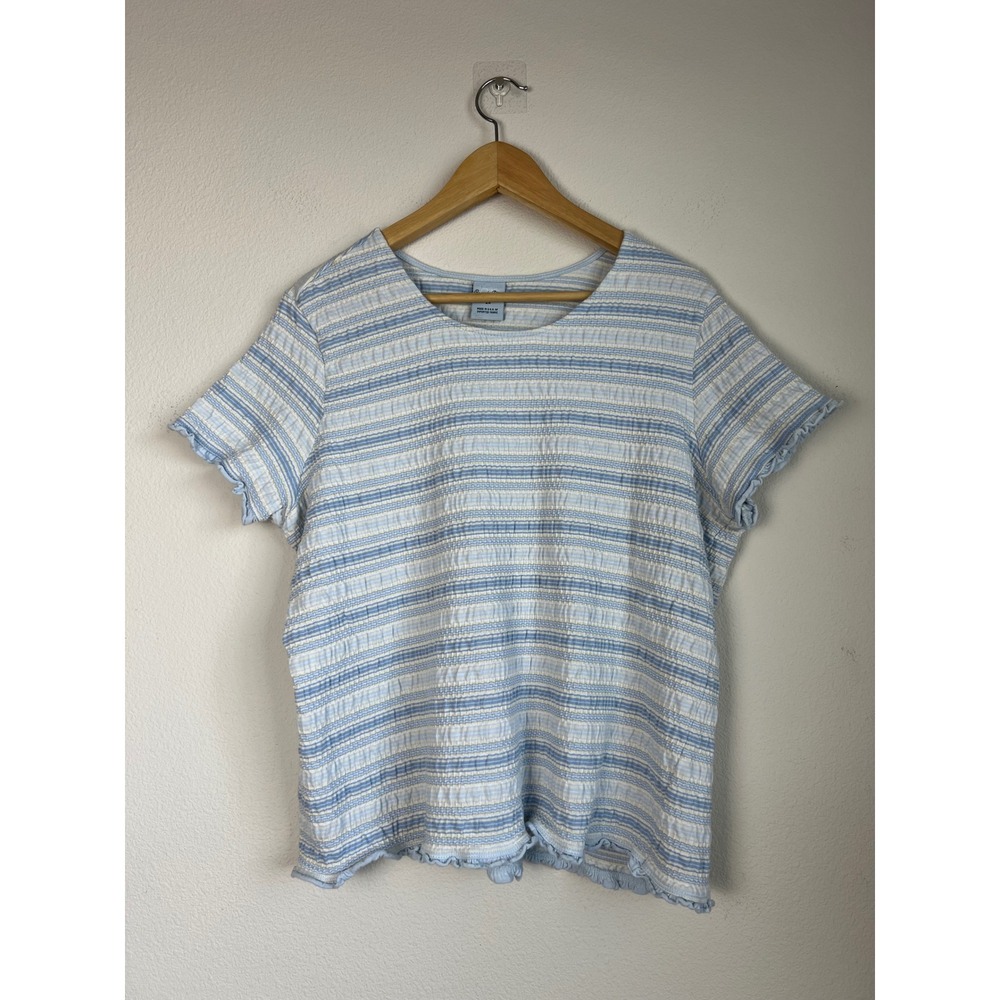 Cascade Blues 2X Textured Stripe Blouse Blue White Ruffle Trim Tee Coastal Boho